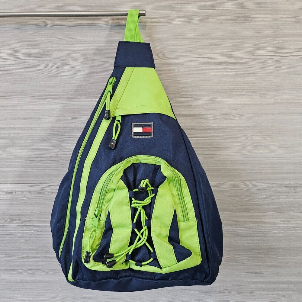 Tommy Hilfiger Logo Blue Lime‎ Green Crossbody Sling Ergo Bag Backpack Vintage